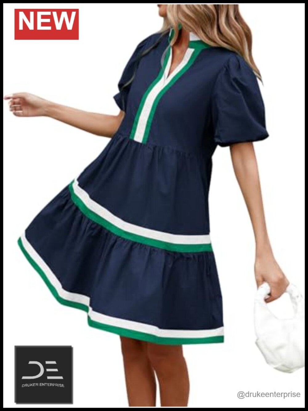 Womens Puff Sleeve Babydoll Mini Dress V Neck Tiered Cotton